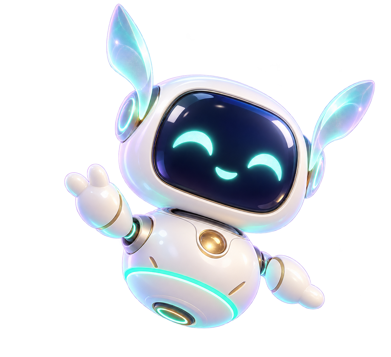 白い丸いボディとミント色の光る耳を持つオリジナルの案内ロボット、ルミ