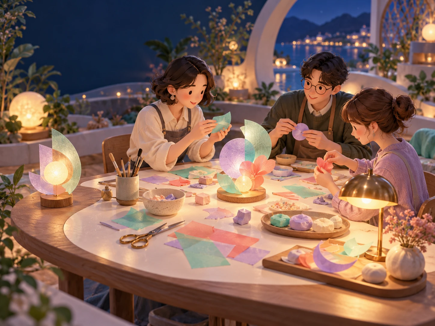 色とりどりの素材を囲み、3人で小さな光のオブジェをつくるワークショップのイメージイラスト