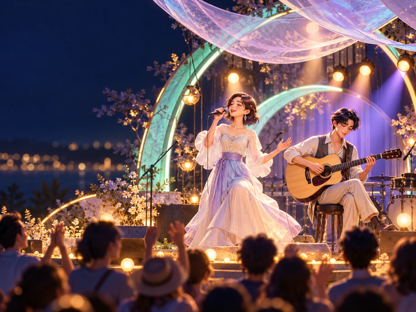 光るアーチとあたたかな照明のステージで、歌とギターの演奏を楽しむライブのイメージイラスト